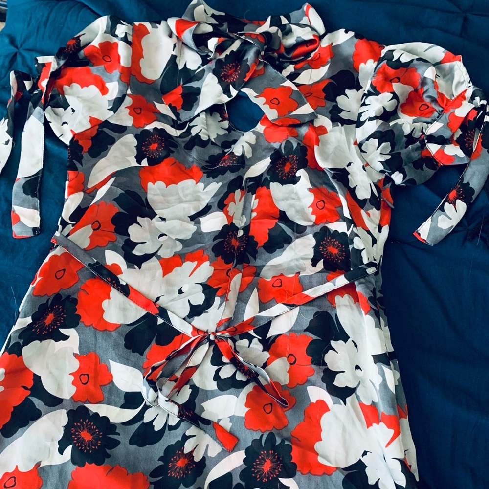 Red, gray, black and white silk blouse